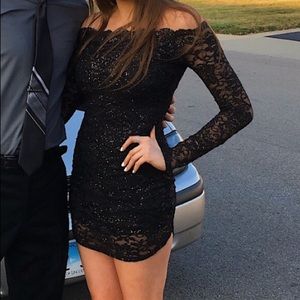 Windsor Off the Shoulder Black Lace Glitter Dress